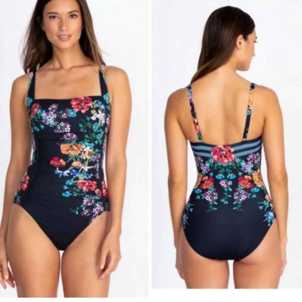 Johnny Was Black and Blue One Piece Swimsuit with Floral Design